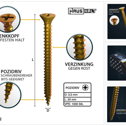 HausHalt Universal Holzbauschraube Holzschraube 3,5 x 20 mm PZ2 1000 Stk. ( 2x 000051371132 ) gelb verzinkt Kreuzschlitz Pozidriv Senkkopf Vollgewinde - Toolbrothers