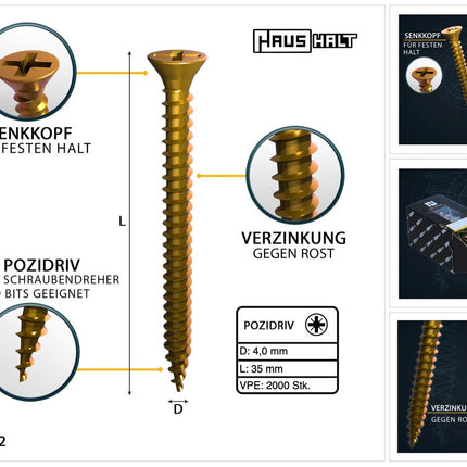 HausHalt Vis universelle pour la construction en bois Vis à bois 4,0 x 35 mm PZ2 2000 pièces (4x 000051371145) galvanisé jaune fente cruciforme Pozidriv tête fraisée filetage complet