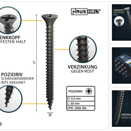 HausHalt Universal Holzbauschraube Holzschraube 5,0 x 20 mm PZ2 2000 Stk. ( 4x 000051371187 ) silber verzinkt Kreuzschlitz Pozidriv Senkkopf Vollgewinde - Toolbrothers