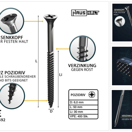 HausHalt Universal Holzbauschraube Holzschraube 6,0 x 50 mm PZ3 400 Stk. ( 2x 000051371227 ) silber verzinkt Kreuzschlitz Pozidriv Senkkopf Teilgewinde - Toolbrothers