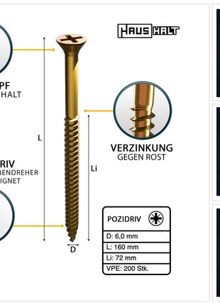 HausHalt Universal Holzbauschraube Holzschraube 6,0 x 160 mm PZ3 200 Stk. ( 2x 000051371220 ) gelb verzinkt Kreuzschlitz Pozidriv Senkkopf Teilgewinde - Toolbrothers