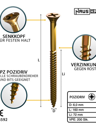 HausHalt Universal Holzbauschraube Holzschraube 6,0 x 160 mm PZ3 200 Stk. ( 2x 000051371220 ) gelb verzinkt Kreuzschlitz Pozidriv Senkkopf Teilgewinde - Toolbrothers