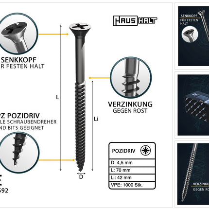HausHalt Universal Holzbauschraube Holzschraube 4,5 x 70 mm PZ2 1000 Stk. ( 4x 000051371177 ) silber verzinkt Kreuzschlitz Pozidriv Senkkopf Teilgewinde - Toolbrothers
