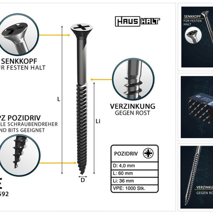 HausHalt Universal Holzbauschraube Holzschraube 4,0 x 60 mm PZ2 1000 Stk. ( 4x 000051371154 ) silber verzinkt Kreuzschlitz Pozidriv Senkkopf Teilgewinde