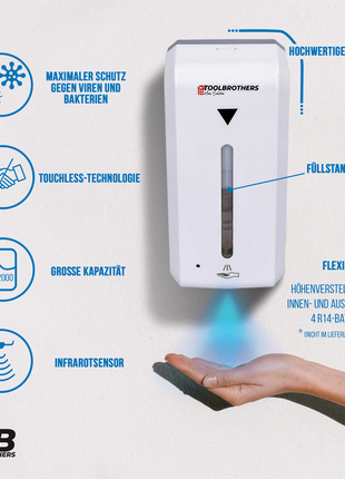 Toolbrothers kontaktloser automatischer Desinfektionsspender Sensor zur Wandmontage, 1000ml Tank, Netz- und Batteriebetrieb für öffentliche Einrichtungen - Toolbrothers