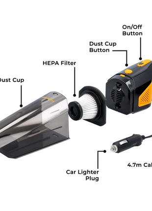 TOUGH MASTER Kabelgebundener Auto-Handstaubsauger 90 Watt, 12V, 5 Aufsätze, Schlauch, Anschlüsse, Bürste, mit auswaschbarem HEPA-Filter (TM-CVC105) - Toolbrothers