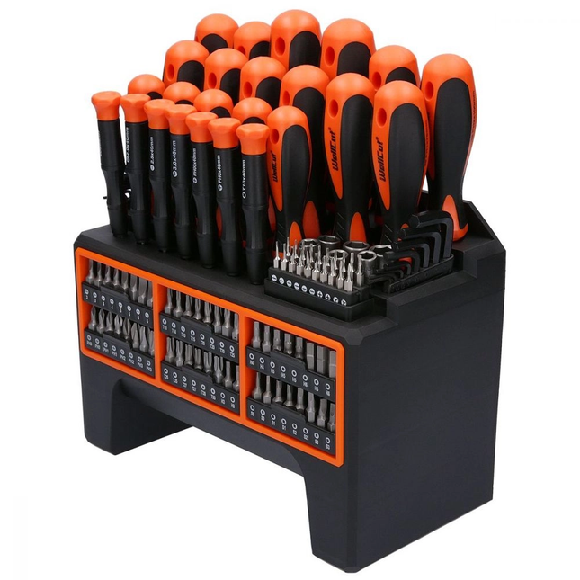 WellCut 114-teiliges magnetisches Schraubendreher-Set mit Werkzeugregal, Werkzeugset mit Schraubendrehern/ Bits/ Innensechskantschlüssel / Steckschlüsseln ( WC-SDB114S )