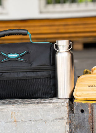 Toolbrothers Fan Lunchpaket in Makita Kühltasche mit Edelstahl Brotdose 2 Etagen Bambus Deckel 1340 ml + Edelstahl Trinkflasche 500 ml + 4 in 1 Multifunktions Besteck - Toolbrothers