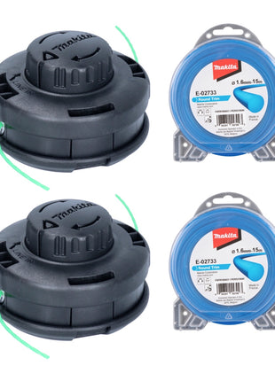 Makita 2-Trimmer Head Assembly Tap&Go 2.0 mm + Round Trim Nylon Cord 1.6 mm 15 m for 18V Cordless String Trimmer DUR187 and DUR188 (2x 191D91-7) (2x E-02733)