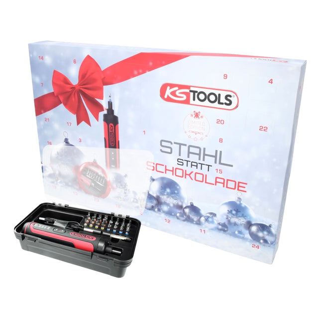 KS Tools Calendrier de l'Avent « De l'acier au lieu du chocolat » avec jeu de tournevis sans fil et jeu d'embouts de torsion 27 pièces (999.3333)