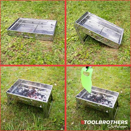 Toolbrothers Outdoor tragbarer Holzkohle Edelstahl Grill für Camping werkzeuglose Montage 43 x 29 x 23 cm Silber Smoker BBQ Pit Grill
