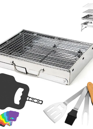 Toolbrothers Set barbecue portatile a carbonella in acciaio inox per il campeggio senza attrezzi 43 x 29 x 23 cm argento + posate per barbecue, guanti per barbecue e scomparti per barbecue 8 pezzi