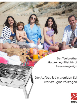 Toolbrothers Set barbecue portatile a carbonella in acciaio inox per il campeggio senza attrezzi 43 x 29 x 23 cm argento + posate per barbecue, guanti per barbecue e scomparti per barbecue 8 pezzi