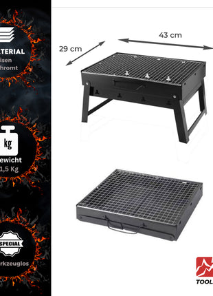 Toolbrothers Griglia a carbonella portatile da esterno per il campeggio Set di montaggio senza attrezzi 43 x 29 x 23 cm nero + posate, guanti e tazze per grigliare 8 pz.