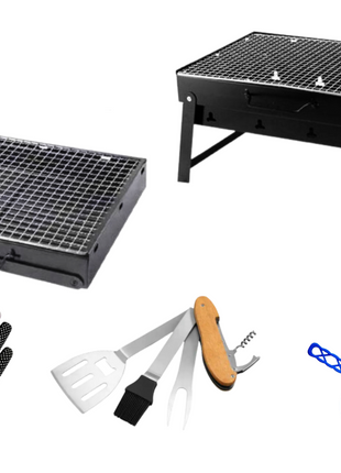 Toolbrothers Griglia a carbonella portatile da esterno per il campeggio Set di montaggio senza attrezzi 43 x 29 x 23 cm nero + posate, guanti e tazze per grigliare 8 pz.