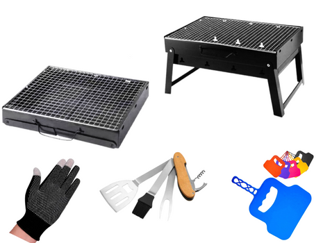 Toolbrothers Griglia a carbonella portatile da esterno per il campeggio Set di montaggio senza attrezzi 43 x 29 x 23 cm nero + posate, guanti e tazze per grigliare 8 pz.