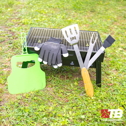 Toolbrothers Griglia a carbonella portatile da esterno per il campeggio Set di montaggio senza attrezzi 43 x 29 x 23 cm nero + posate, guanti e tazze per grigliare 8 pz.
