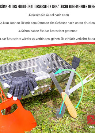 Toolbrothers Griglia a carbonella portatile da esterno per il campeggio Set di montaggio senza attrezzi 43 x 29 x 23 cm nero + posate, guanti e tazze per grigliare 8 pz.