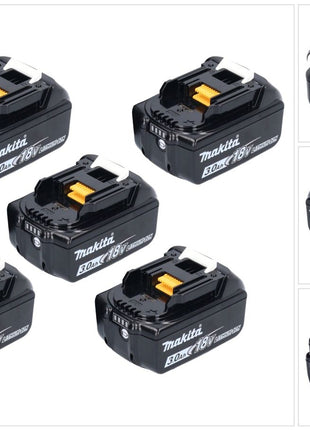 Kit di batterie Makita 5x BL 1830 B 18 V 3,0 Ah / 3000 mAh Li-Ion ( 5x 197599-5 ) con display LED - originale, non copiato