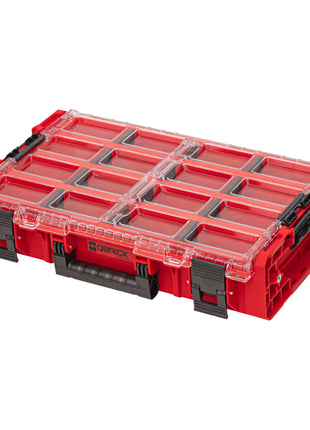 Qbrick System ONE Organiser XL 2.0 Long Bin RED ULTRA HD Custom stapelbar 582 x 387 x 131 mm 13,5 l IP66 mit 4 Inlays und 12 Trennwänden