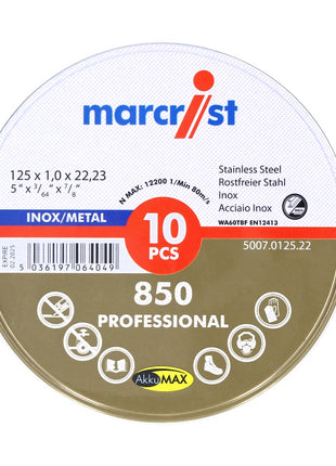 Marcrist 850 Inox Special disco da taglio ultrasottile 10 pezzi 115 x 1,0 x 22,23 mm ( 5007.0125.22 ) per smerigliatrici angolari