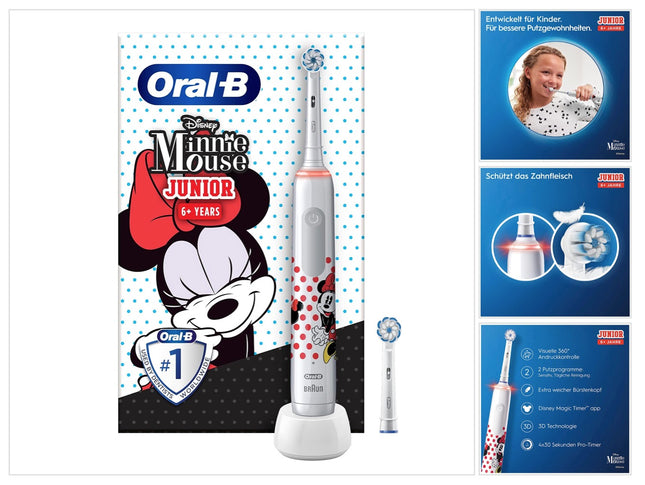 Brosse à dents électrique Oral-B Junior Minnie Mouse Electric Toothbrush pour les enfants à partir de 6 ans Contrôle de la pression à 360° 2 modes de brossage inclus, minuteur, blanc + 2 brossettes de rechange