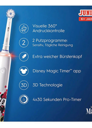 Brosse à dents électrique Oral-B Junior Minnie Mouse Electric Toothbrush pour les enfants à partir de 6 ans Contrôle de la pression à 360° 2 modes de brossage inclus, minuteur, blanc + 2 brossettes de rechange