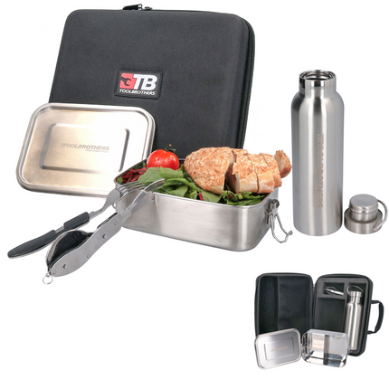 Toolbrothers Fan Lunchpaket in Hardcase Tragetasche Lunchtasche Wasserdicht mit Edelstahl Brotdose mit Trennfächern und Edelstahldeckel 1200 ml + Edelstahl Trinkflasche 600 ml + 4 in 1 Multifunktions Besteck