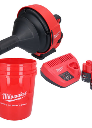 Milwaukee M12 BDC6-202C akumulatorowy udrażniacz do rur 12 V + 2x akumulator 2,0 Ah + ładowarka + spirala + wiadro